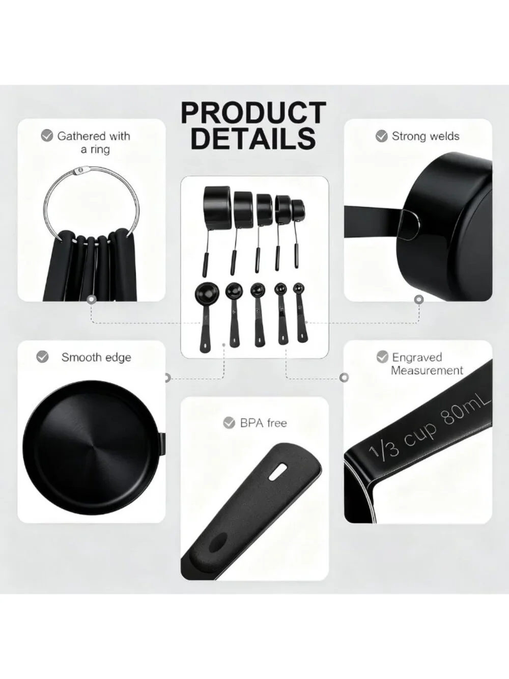 10-Piece Matte Black Measuring Cups & Spoons Set - Titanium-Plated Stainless